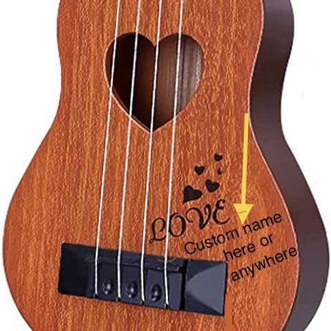 Mini Guitar Ukulele for Boys and Girls - Heart Shaped and Imprinted - Gift for all ages - Personalize & Customize by Imprinting a name on the Guitar Body