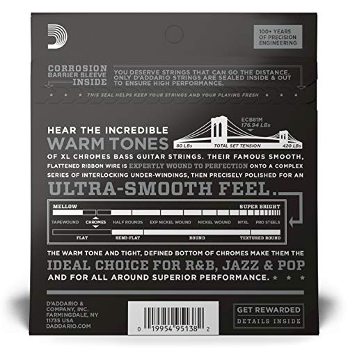 D'Addario XL Chromes Flat Wound Bass Guitar Strings - ECB80 - Long Scale - Super Light