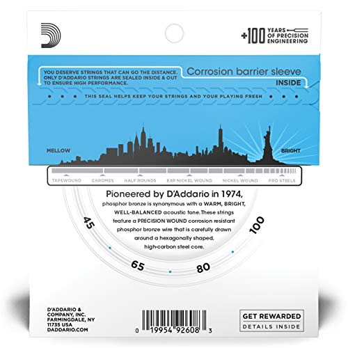 D'Addario Acoustic Bass Guitar Strings - Acoustic Bass Strings - Phosphor Bronze - EPBB170 - Acoustic Bass Guitar 4 String Set - ‎45-100 Gauge - 1 Pack