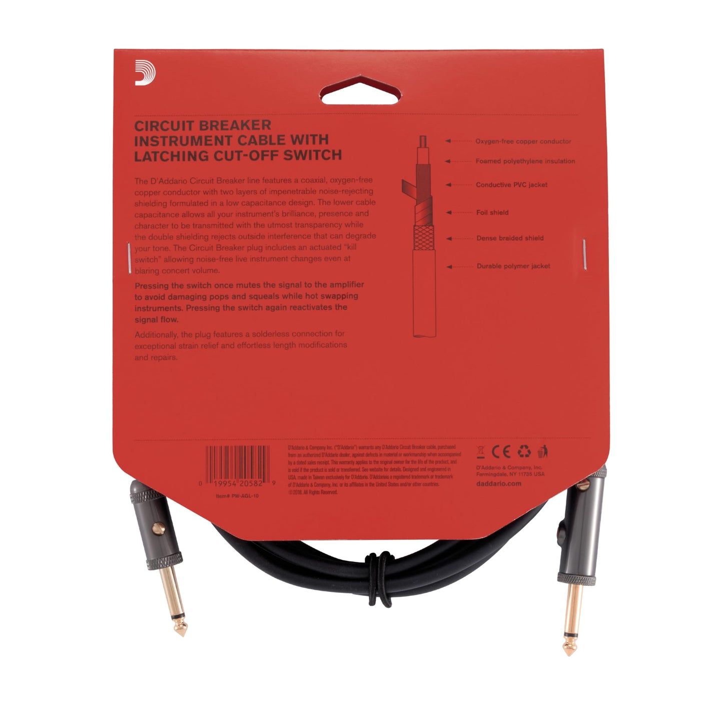 D'Addario 10' Circuit Breaker Instrument Cable with Latching Cut-Off Switch