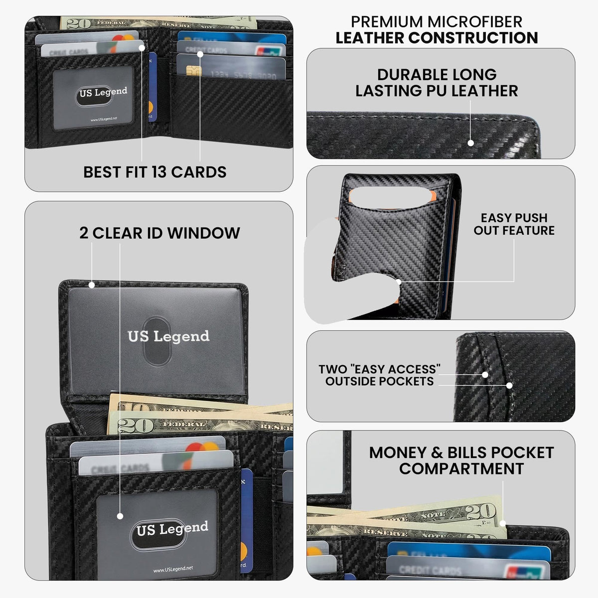 US Legend Wallet for Men Slim RFID Blocking Mens Wallet Leather Bifold Sleek, Gift for Men, 13 card slots, 2 ID Window Slots, With Luxury Gift Box