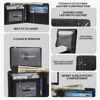 US Legend Wallet for Men Slim RFID Blocking Mens Wallet Leather Bifold Sleek, Gift for Men, 13 card slots, 2 ID Window Slots, With Luxury Gift Box