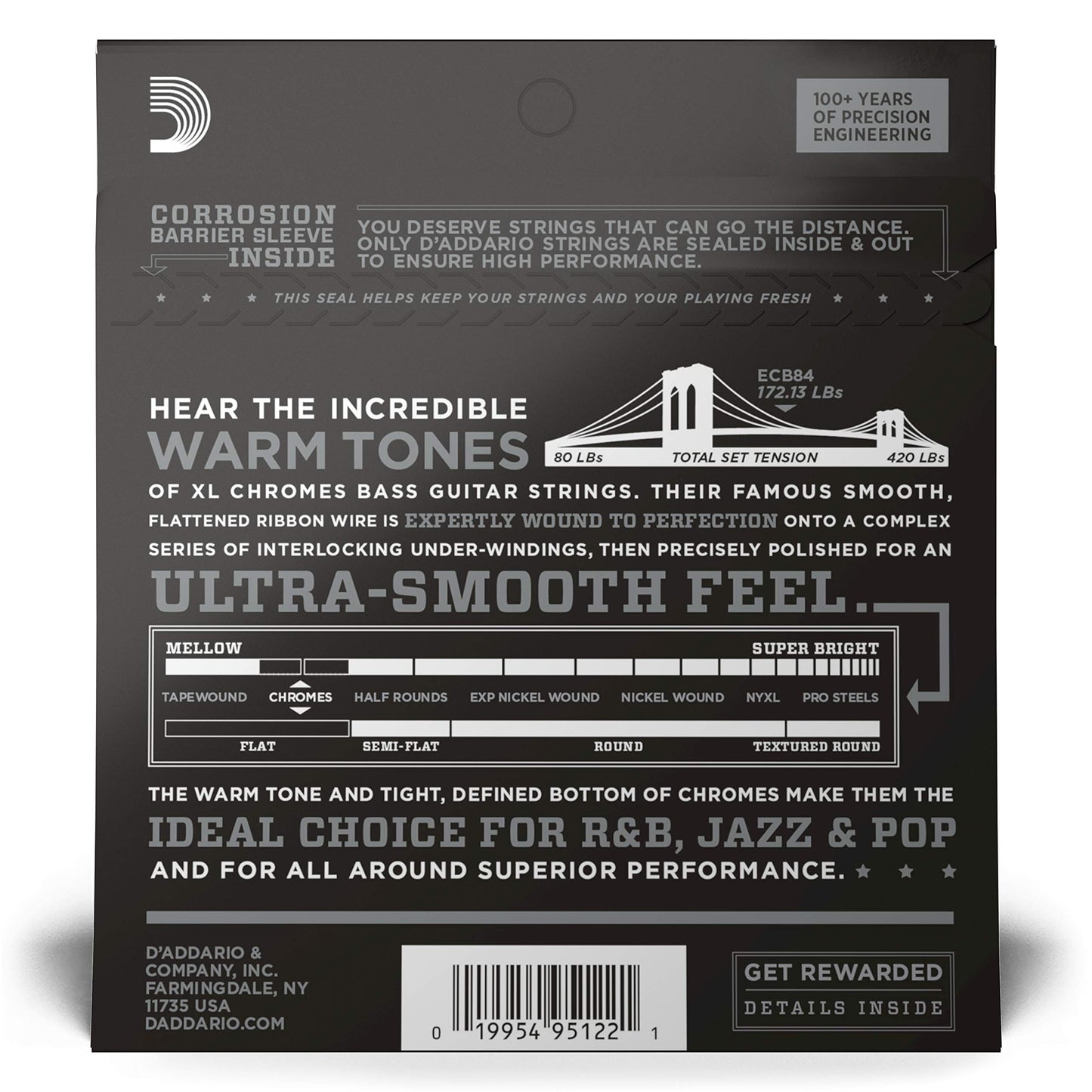 D'Addario XL Chromes Flat Wound Bass Guitar Strings - ECB80 - Long Scale - Super Light