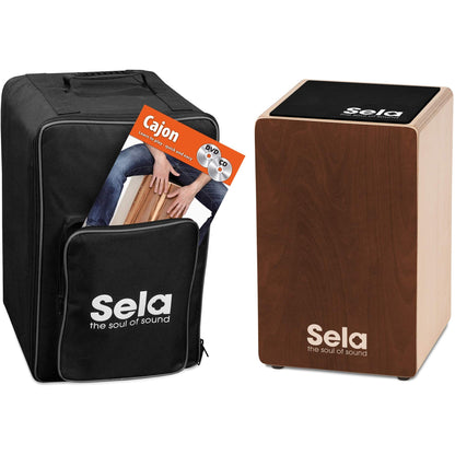 Sela Percussion Birchwood Box Drum Bundle with Internal snares, Includes Cajon Backpack, Sitting pad and Learn to Play Book, Made in Germany, 2 Year Warranty (SE191EN)
