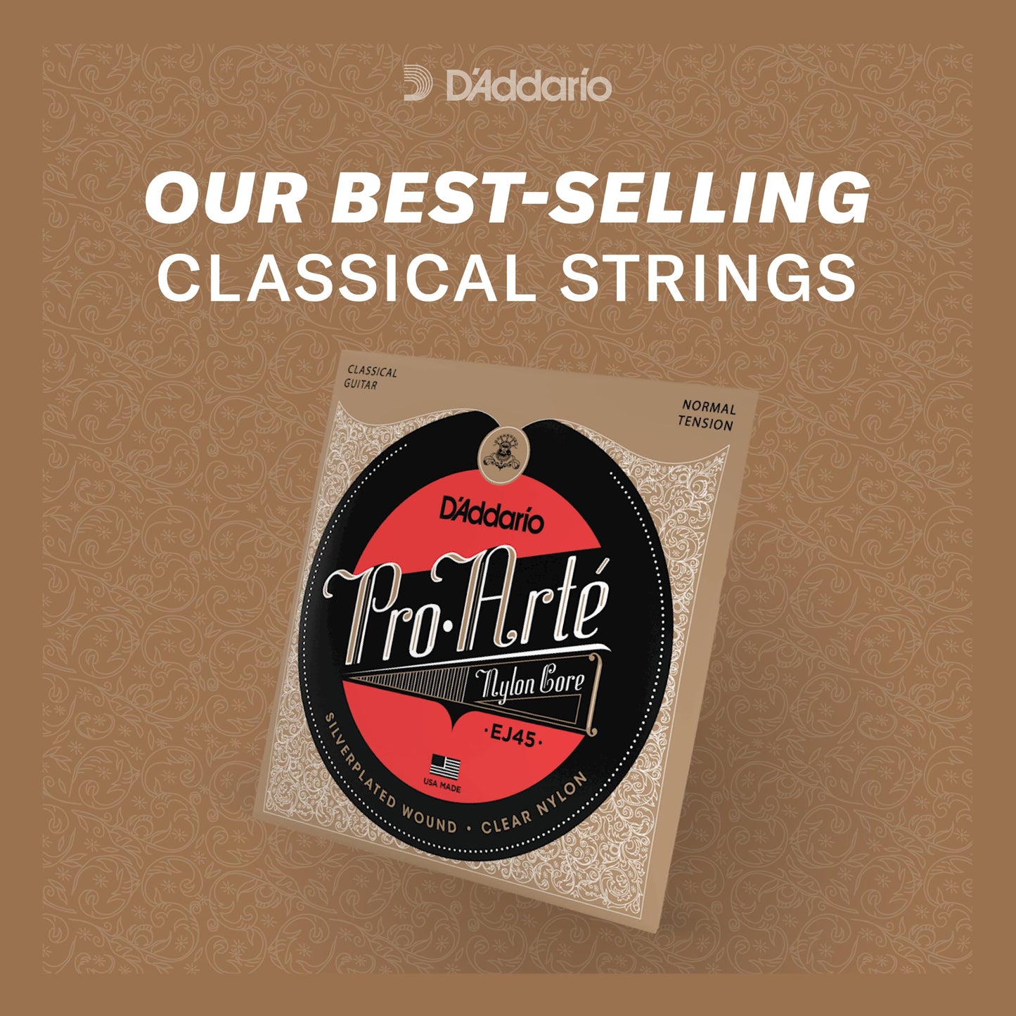 D'Addario Guitar Strings - Pro-Arte Classical Guitar Strings - EJ44 - Nylon Guitar Strings - Silver Plated Wound, Nylon Core - Extra-Hard Tension, 1-Pack