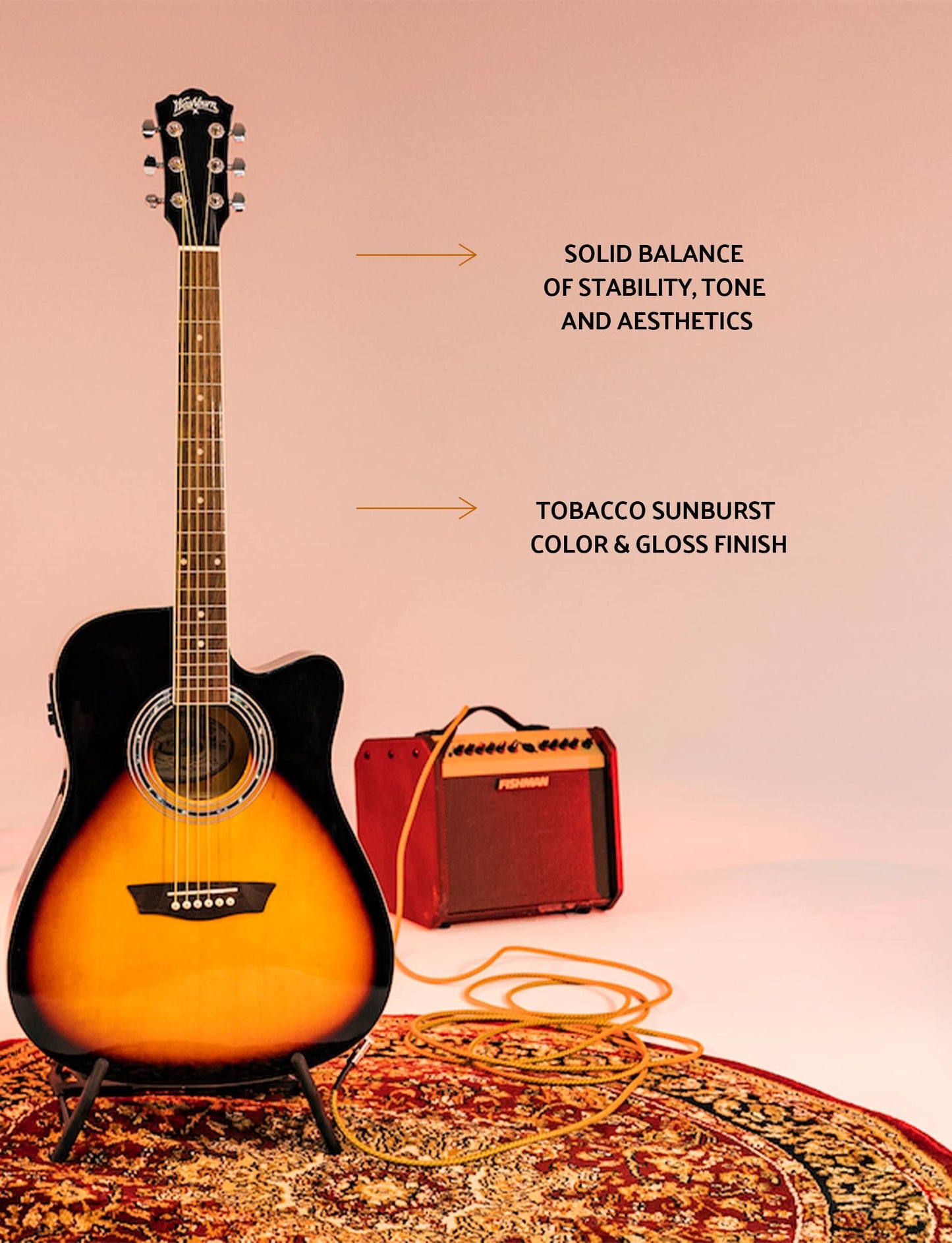 Washburn Vintage Series 6 String Acoustic-Electric Guitar, Right, Tobacco Sunburst (WA90CEVSB)